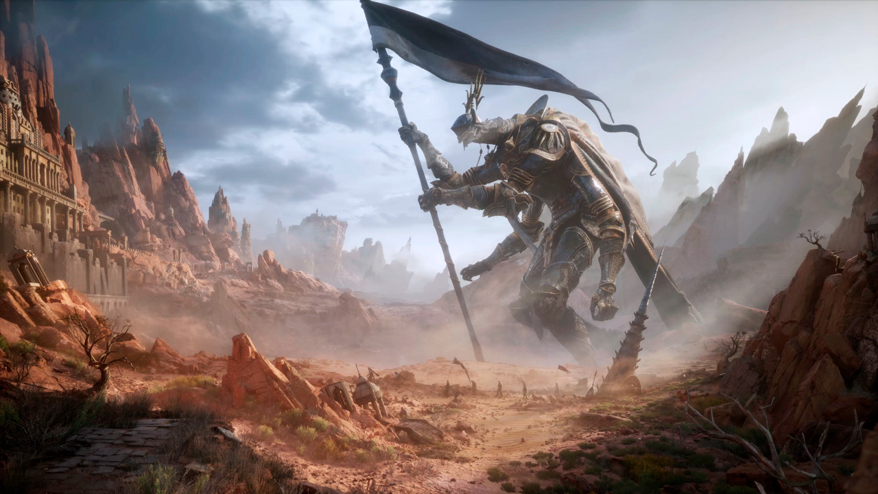 Tides of Annihilation: tudo o que sabemos sobre o game 5 Um gigantesco cavaleiro empunha um estandarte enquanto atravessa uma região desértica cercada por ruínas e formações rochosas em Tides of Annihilation.
