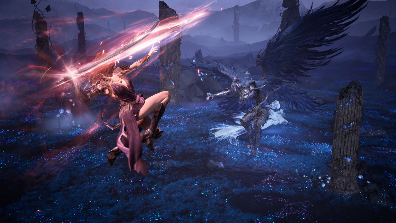 Tides of Annihilation: tudo o que sabemos sobre o game 3 Gwendolyn desfere um poderoso golpe com energia avermelhada contra um inimigo alado em um cenário tomado por ruínas e vegetação azulada em Tides of Annihilation.