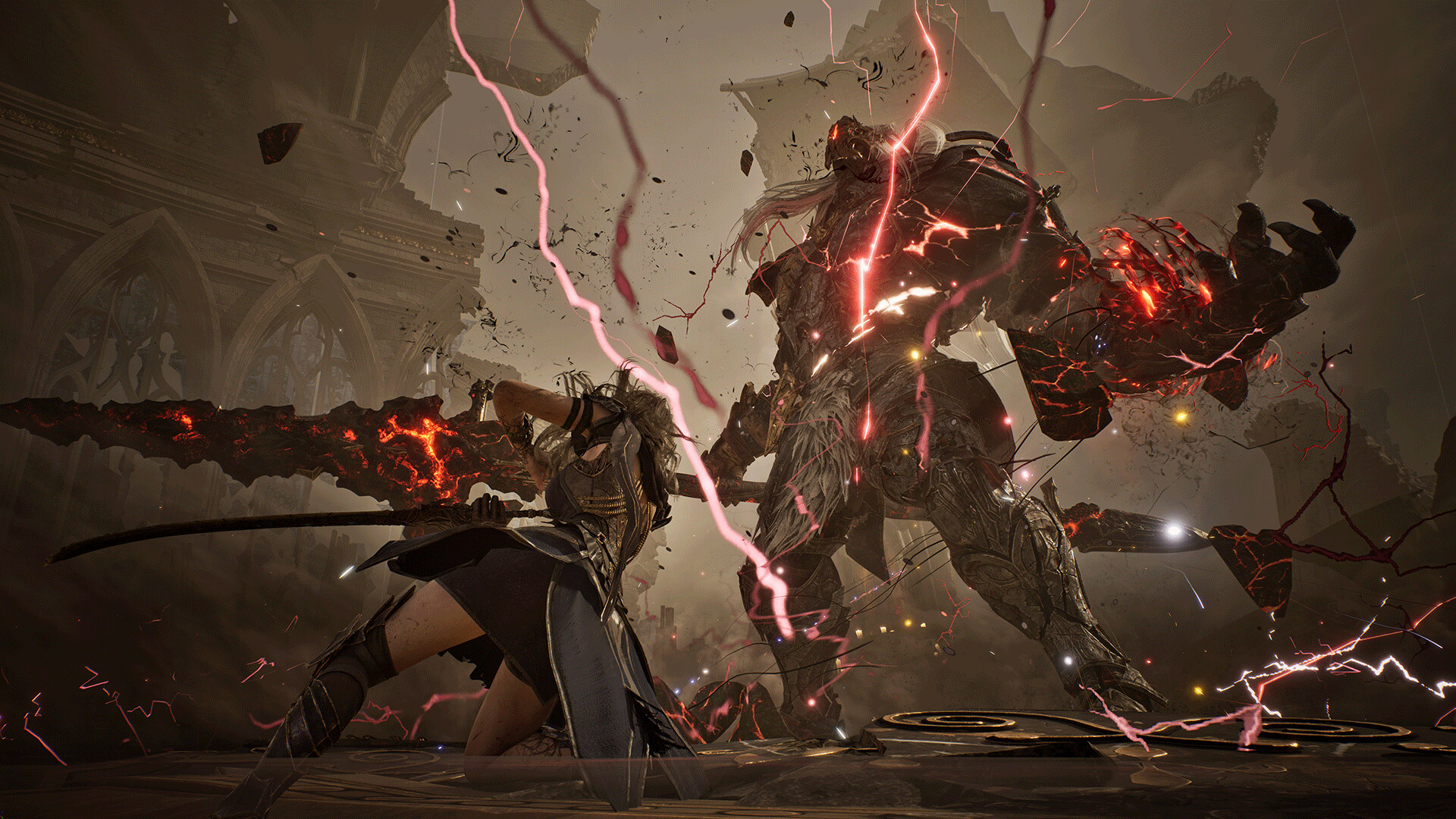 Gwendolyn enfrenta um chefe gigante envolto por energia vermelha durante uma batalha intensa em Tides of Annihilation. 