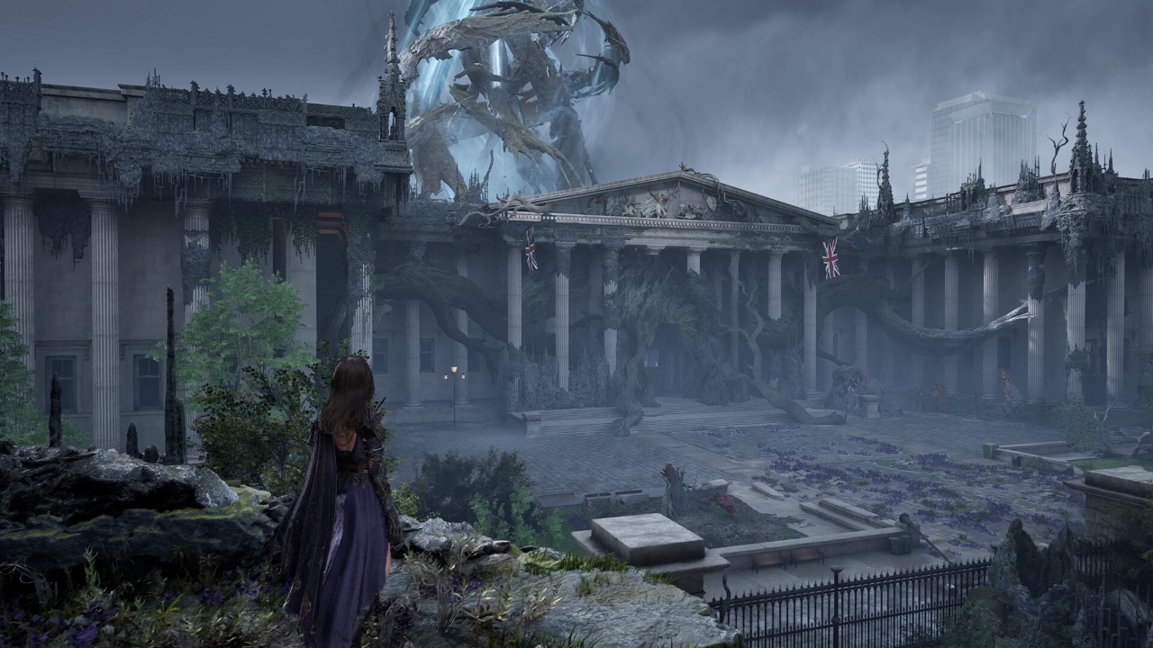 Gwendolyn observa uma Londres devastada e tomada por estruturas sombrias, enquanto uma criatura colossal surge ao fundo em Tides of Annihilation. 