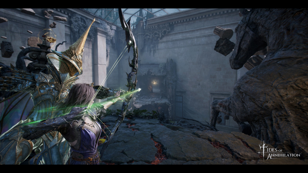 Preview: Tides of Annihilation encontra sua identidade no comando dos Cavaleiros 2 Gwendolyn dispara uma flecha com um arco ao lado de um cavaleiro espectral em uma área em ruínas de Tides of Annihilation.