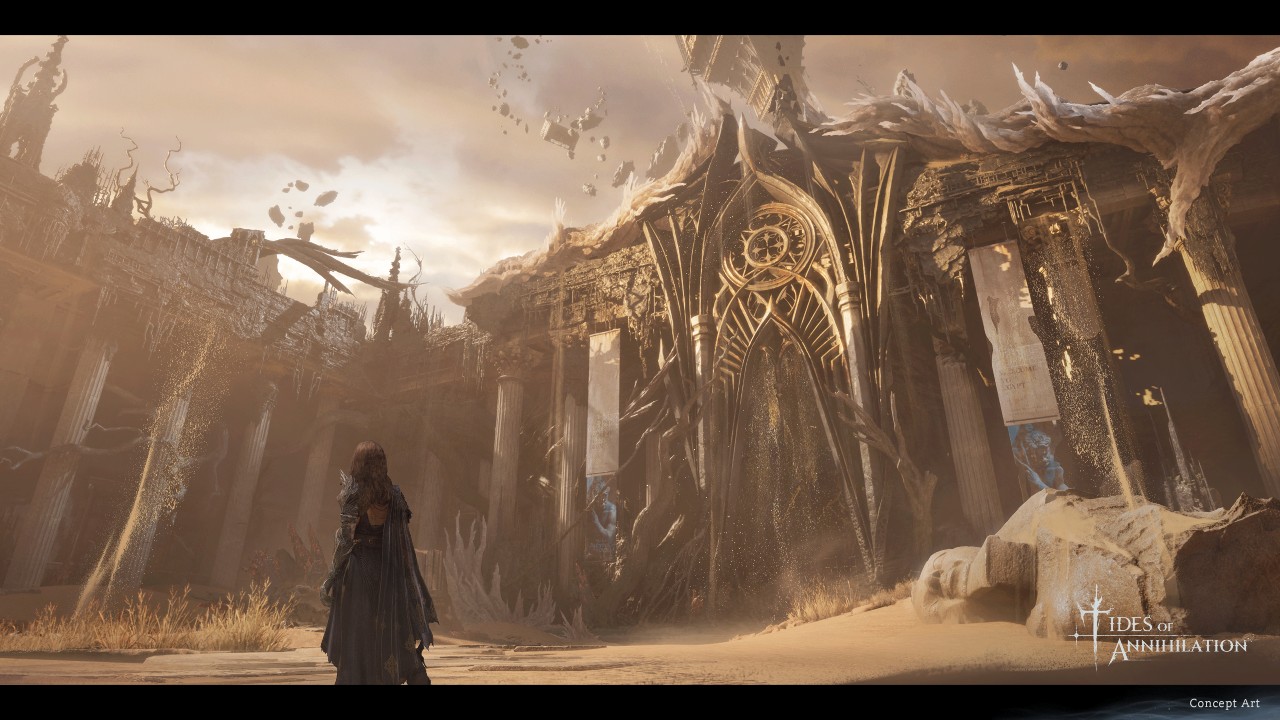 Preview: Tides of Annihilation encontra sua identidade no comando dos Cavaleiros 4 Gwendolyn observa uma imponente estrutura em ruínas coberta por areia em um cenário de Tides of Annihilation.