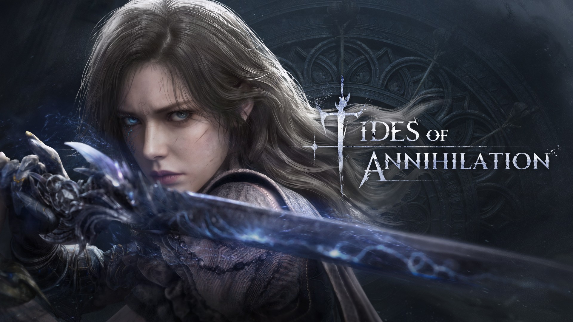 Preview: Tides of Annihilation encontra sua identidade no comando dos Cavaleiros 5 Gwendolyn empunha sua espada em arte oficial de Tides of Annihilation, com o logotipo do jogo ao fundo.