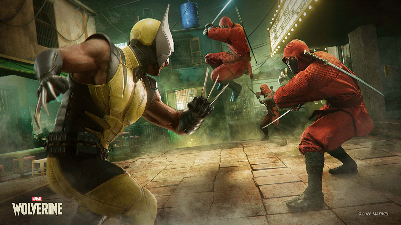 Preview: Marvel’s Wolverine é brutal, linear e feroz 2 Wolverine enfrenta vários ninjas vestidos de vermelho em um combate corpo a corpo, usando suas garras de adamantium em um cenário urbano de Marvel’s Wolverine.