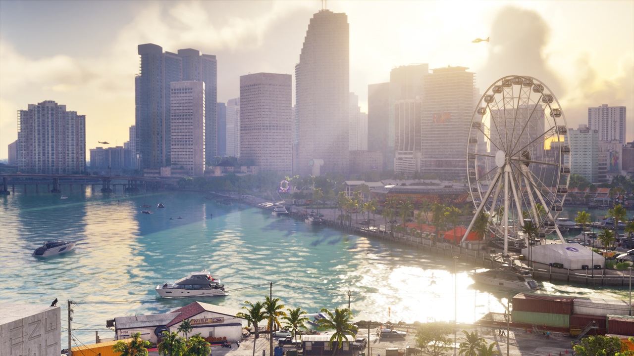 Vice City, cidade cheia de arranhacéus, com uma roda-gigante e vista para o mar, em GTA VI