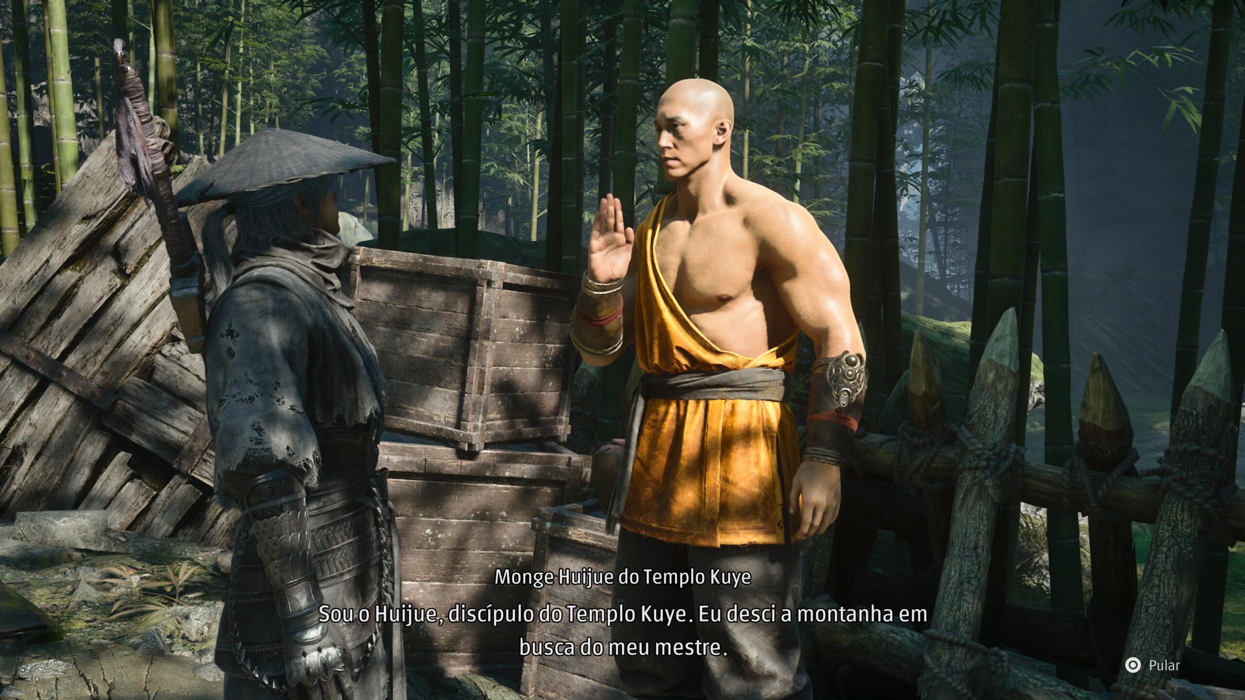 Cena de personagens de Phantom Blade Zero com um monge careca usando amarela e o protagonista Soul.