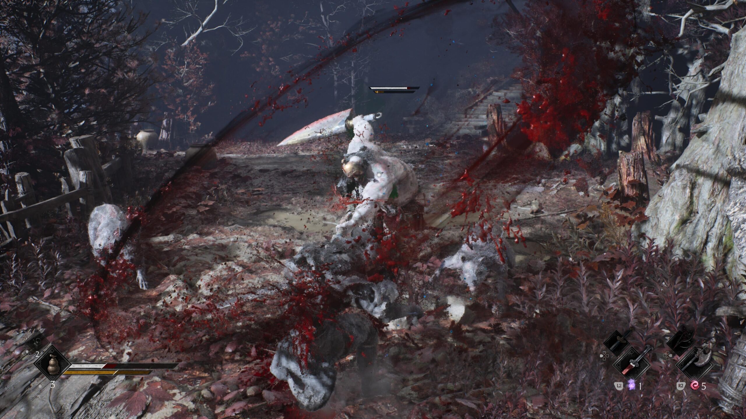Cena de combate do jogo Phantom Blade Zero com efeitos visuais na tela com inimigo e personagem principal.